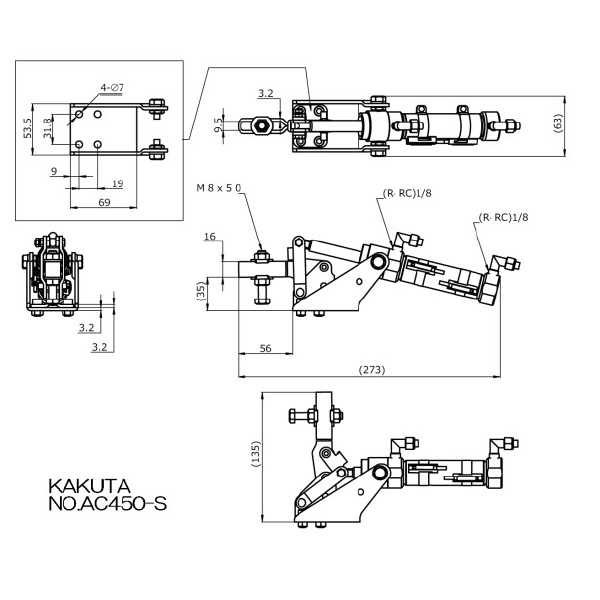 大阪角田興業（株） スイッチ付エアークランプ 下方押え型 スイッチ付エアークランプ　下方押え型 NO.AC450S