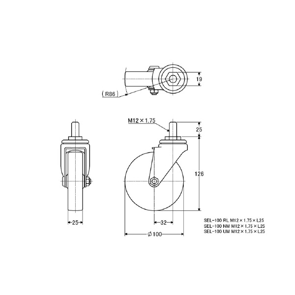 （株）ナンシン 一般キャスター SEL 一般キャスター SEL-100NM M12XP1.75X25