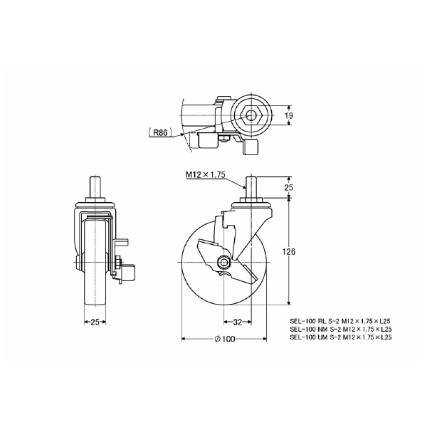 （株）ナンシン 一般キャスター SEL 一般キャスター SEL-100NM S-2 M12XP1.75X25