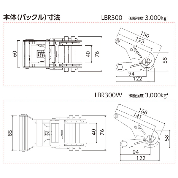 オーエッチ工業（株） ベルトラッシング ラチェットバックル LBR300シリーズ ラッシングベルト LBR300 CF10-40CF