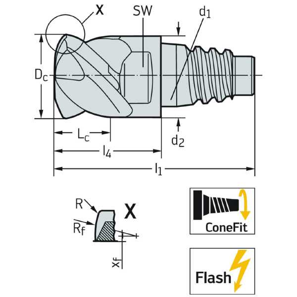 ワルタージャパン（株） ConeFitヘッド交換式超硬エンドミル MC025 ＣｏｎｅＦｉｔヘッド交換式超硬エンドミル MC025-10.0E4P150-WJ30TF