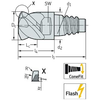 ワルタージャパン（株） ConeFitヘッド交換式超硬エンドミル MC025 ＣｏｎｅＦｉｔヘッド交換式超硬エンドミル MC025-25.0E4P300-WJ30TF