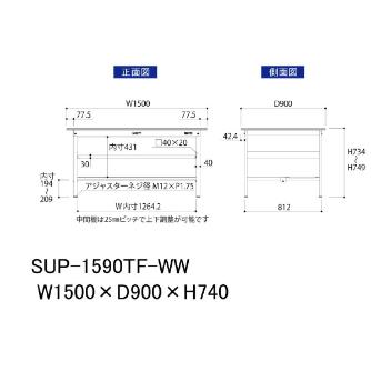 山金工業（株） ワークテーブル150シリーズ　固定式　中間棚板+半面棚板付　SUP ワークテーブル１５０シリーズ　固定式 SUP-1590TF-WW