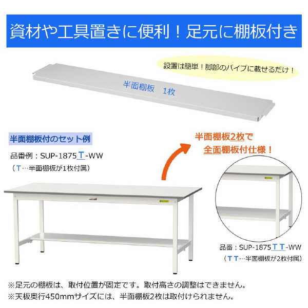 山金工業（株） ワークテーブル150シリーズ　固定式　中間棚板+半面棚板付　SUPH ワークテーブル１５０シリーズ　固定式 SUPH-1590TF-WW