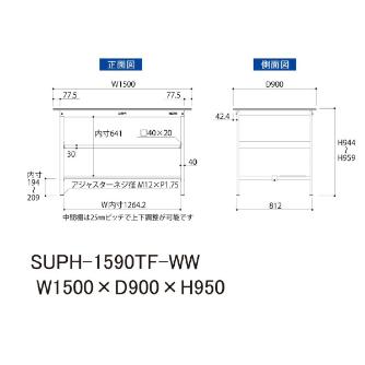 山金工業（株） ワークテーブル150シリーズ　固定式　中間棚板+半面棚板付　SUPH ワークテーブル１５０シリーズ　固定式 SUPH-1590TF-WW