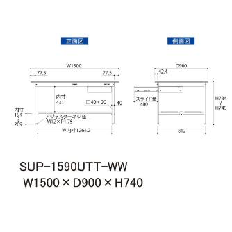 山金工業（株） ワークテーブル150シリーズ　固定式　キャビネット+全面棚板付　SUP ワークテーブル１５０シリーズ　固定式 SUP-1590UTT-WW