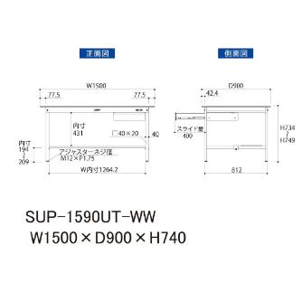 山金工業（株） ワークテーブル150シリーズ　固定式　キャビネット+半面棚板付　SUP ワークテーブル１５０シリーズ　固定式 SUP-1590UT-WW