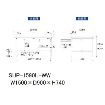 山金工業（株） ワークテーブル150シリーズ　固定式　キャビネット付　SUP ワークテーブル１５０シリーズ　固定式 SUP-1590U-WW