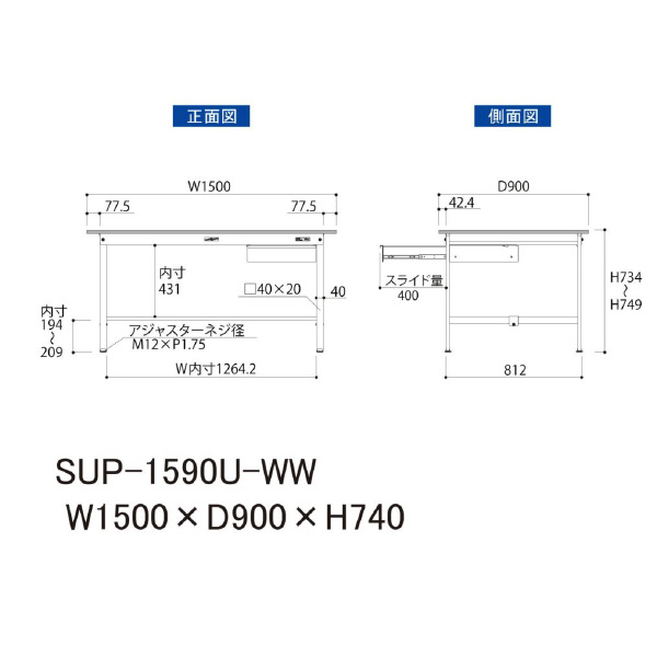 山金工業（株） ワークテーブル150シリーズ　固定式　キャビネット付　SUP ワークテーブル１５０シリーズ　固定式 SUP-1590U-WW