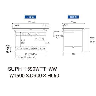 山金工業（株） ワークテーブル150シリーズ　固定式　ワイド引出し+全面棚板付　SUPH ワークテーブル１５０シリーズ　固定式 SUPH-1590WTT-WW
