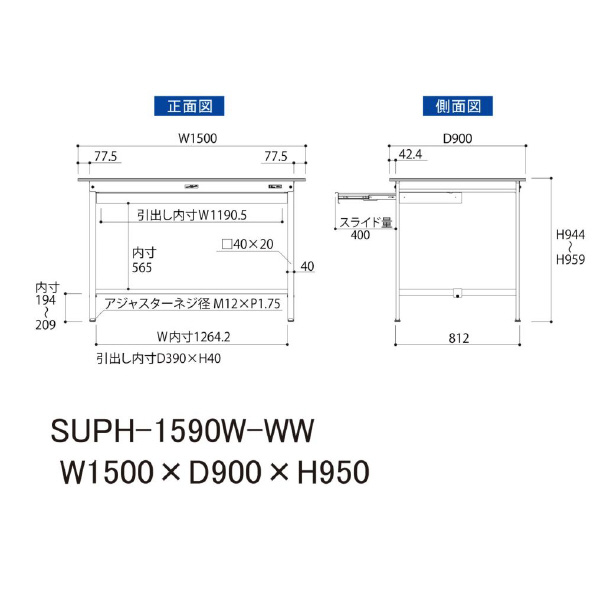 山金工業（株） ワークテーブル150シリーズ　固定式　ワイド引出し付　SUPH ワークテーブル１５０シリーズ　固定式 SUPH-1590W-WW