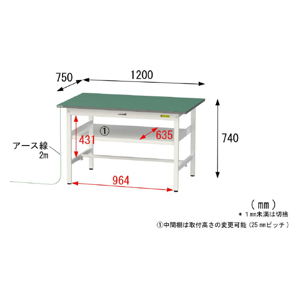 山金工業（株） ワークテーブル150シリーズ　導電性ゴムマット貼りタイプ　固定式　中間棚板付　SUPE ワークテーブル１５０シリーズ　固定式 SUPE-1275F-WW