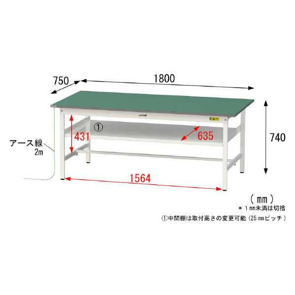 山金工業（株） ワークテーブル150シリーズ　導電性ゴムマット貼りタイプ　固定式　中間棚板付　SUPE ワークテーブル１５０シリーズ　固定式 SUPE-1875F-WW
