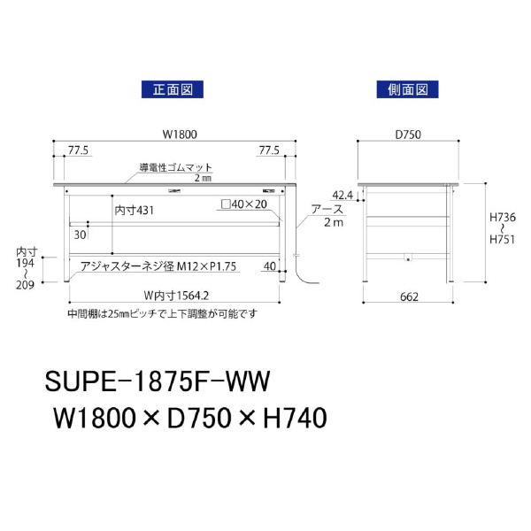山金工業（株） ワークテーブル150シリーズ　導電性ゴムマット貼りタイプ　固定式　中間棚板付　SUPE ワークテーブル１５０シリーズ　固定式 SUPE-1875F-WW