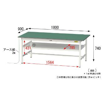 山金工業（株） ワークテーブル150シリーズ　導電性ゴムマット貼りタイプ　固定式　中間棚板付　SUPE ワークテーブル１５０シリーズ　固定式 SUPE-1890F-WW