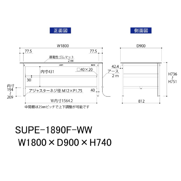 山金工業（株） ワークテーブル150シリーズ　導電性ゴムマット貼りタイプ　固定式　中間棚板付　SUPE ワークテーブル１５０シリーズ　固定式 SUPE-1890F-WW