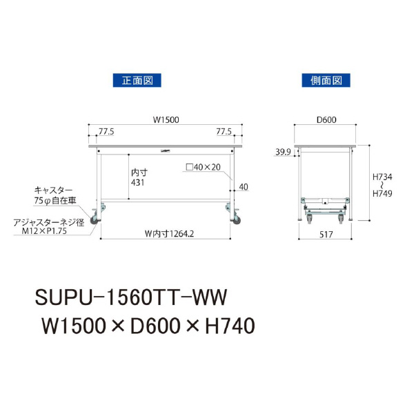 山金工業（株） ワークテーブル150シリーズ　ワンタッチ移動タイプ　全面棚板付　SUPU ワークテーブル１５０シリーズ　移動式 SUPU-1560TT-WW