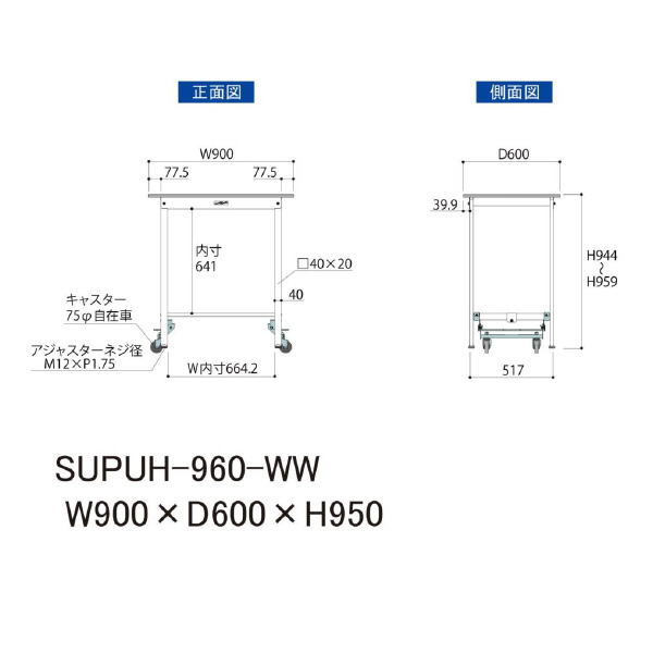山金工業（株） ワークテーブル150シリーズ　ワンタッチ移動タイプ　SUPUH ワークテーブル１５０シリーズ　移動式 SUPUH-960-WW