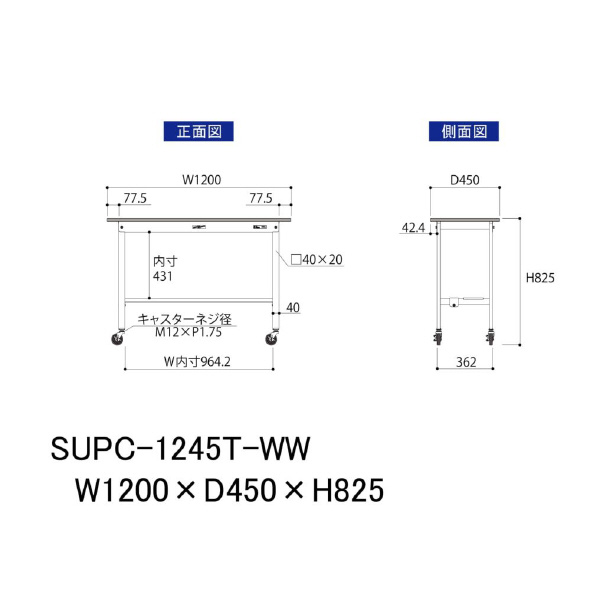 山金工業（株） ワークテーブル150シリーズ　移動式　半面棚板付　SUPC ワークテーブル１５０シリーズ　移動式 SUPC-1245T-WW