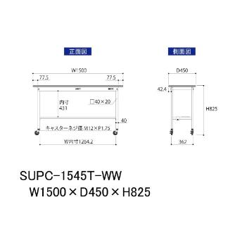 山金工業（株） ワークテーブル150シリーズ　移動式　半面棚板付　SUPC ワークテーブル１５０シリーズ　移動式 SUPC-1545T-WW