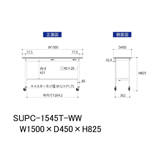 山金工業（株） ワークテーブル150シリーズ　移動式　半面棚板付　SUPC ワークテーブル１５０シリーズ　移動式 SUPC-1545T-WW