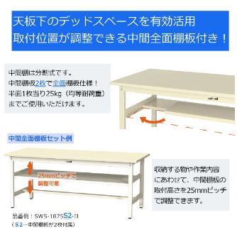 山金工業（株） ワークテーブル300シリーズ　固定式　中間全面棚板付　SWS ワークテーブル３００シリーズ　固定式 SWS-1260S2-II