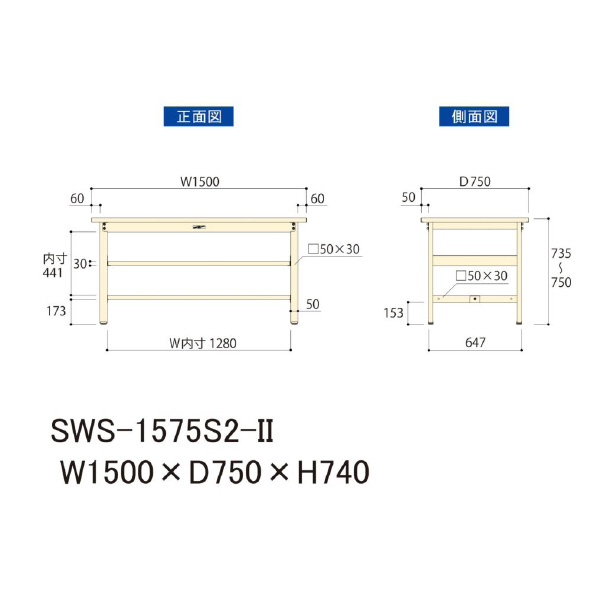 山金工業（株） ワークテーブル300シリーズ　固定式　中間全面棚板付　SWS ワークテーブル３００シリーズ　固定式 SWS-1575S2-II