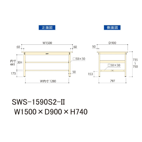 山金工業（株） ワークテーブル300シリーズ　固定式　中間全面棚板付　SWS ワークテーブル３００シリーズ　固定式 SWS-1590S2-II
