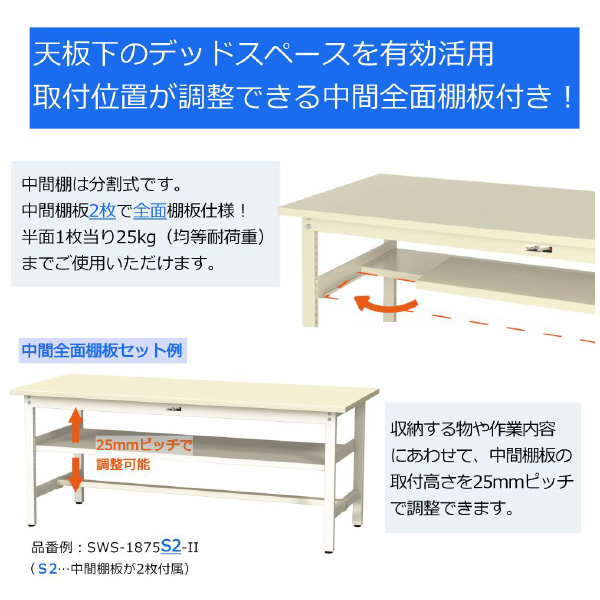 山金工業（株） ワークテーブル300シリーズ　固定式　中間全面棚板付　SWS ワークテーブル３００シリーズ　固定式 SWS-1275S2-GG