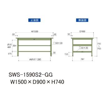 山金工業（株） ワークテーブル300シリーズ　固定式　中間全面棚板付　SWS ワークテーブル３００シリーズ　固定式 SWS-1590S2-GG