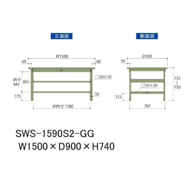 山金工業（株） ワークテーブル300シリーズ　固定式　中間全面棚板付　SWS ワークテーブル３００シリーズ　固定式 SWS-1590S2-GG