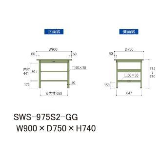 山金工業（株） ワークテーブル300シリーズ　固定式　中間全面棚板付　SWS ワークテーブル３００シリーズ　固定式 SWS-975S2-GG
