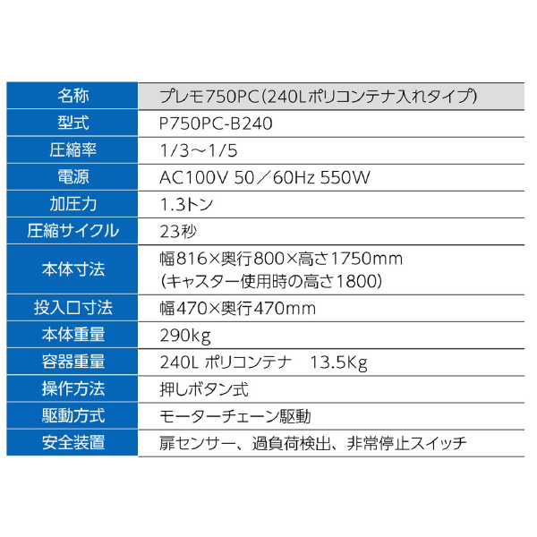 （株）エルコム 小型ゴミ圧縮機プレモ コンテナ圧縮タイプ プレモ７５０ＰＣ　２４０Ｌポリコンテナ入 P750PC-B240