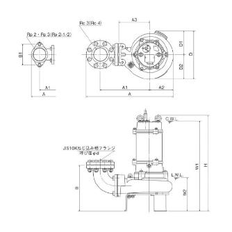 （株）鶴見製作所 水中ノンクロッグポンプ B型(4極) 水中ノンクロッグポンプ 80B43.7H-54