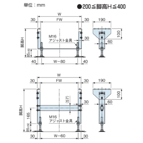 オークラ輸送機（株） ローラコンベヤ用固定脚(ステンレス製) ZRSJ ローラコンベヤ用固定脚（ステンレス製） ZRSJ250-900S