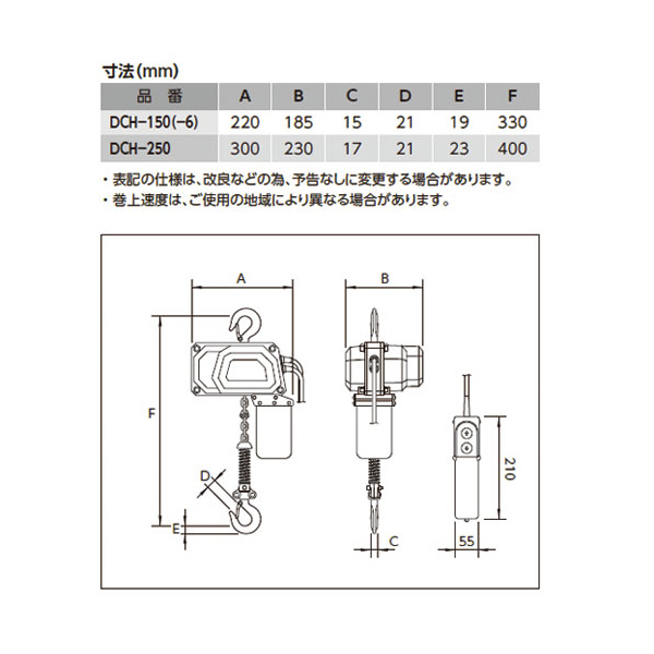 オーエッチ工業（株） 電動チェーンホイスト DCH 電動チェーンホイスト DCH-150