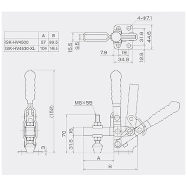 育良精機（株） 下方押え型トグルクランプ(垂直ハンドル) ISK-HV 下方押え型トグルクランプ（垂直ハンドル） ISK-HV4530-XL