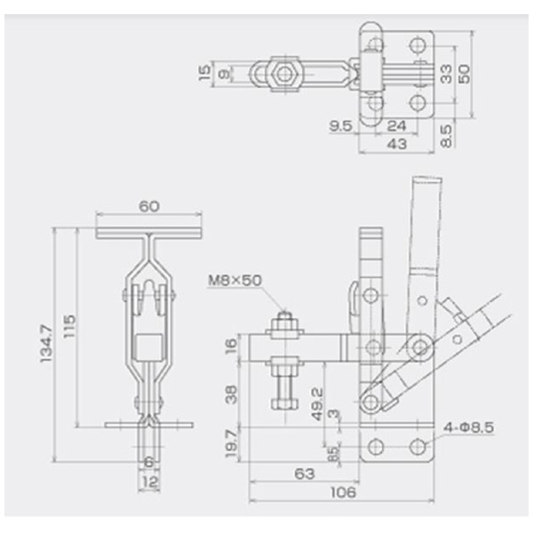 育良精機（株） 下方押え型トグルクランプ(垂直ハンドル) ISK 下方押え型トグルクランプ（垂直ハンドル） ISK-42P0