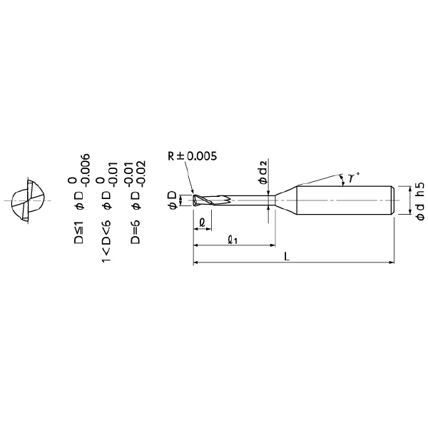 日進工具（株） 銅電極用ロングネックラジアスエンドミル DHR 銅電極用ロングネックラジアスエンドミル DHR237R 0.5XR0.1X2