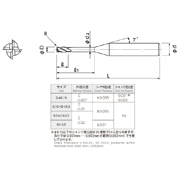 日進工具（株） 無限コーティングプレミアム 高硬度用４枚刃ロングネックラジアスエンドミル MHRH430R 無限Ｐ高硬度用４枚刃ロングネックラジアス MHRH430R 0.15XR0.01X0.5