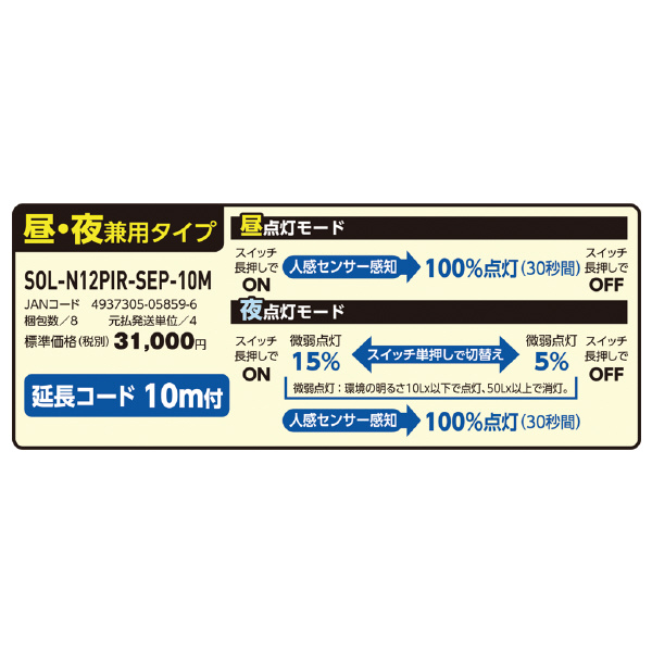 日動工業（株） ソーラーLEDセンサーライト SOL ソーラーＬＥＤセンサーライト SOL-N12PIR-SEP-10M