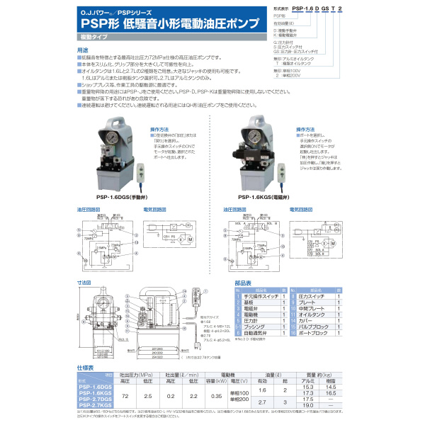 （株）大阪ジャッキ製作所 PSP形低騒音小型電動油圧ポンプ PSP ＰＳＰ形低騒音小型電動油圧ポンプ PSP-1.6D