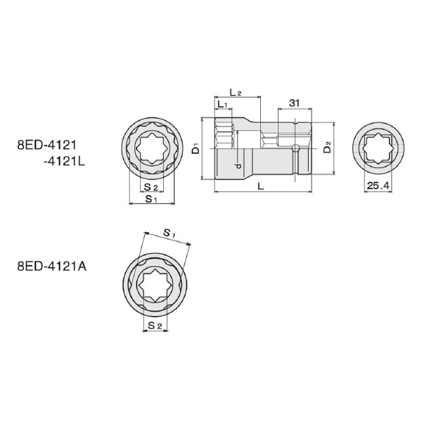 ＴＯＮＥ（株） 電動タイヤレンチ専用ホイルナットコンビソケット(12角) 8ED ホイルナットコンビソケット 8ED-4121L