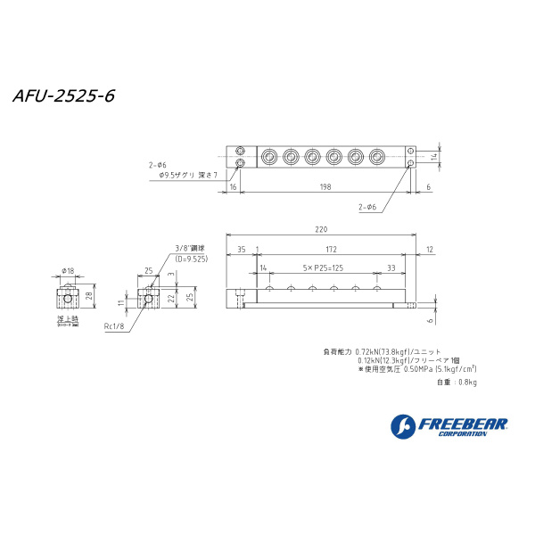 （株）フリーベアコーポレーション エアー浮上式フリーベアユニット角溝挿入型 AFU-2525 エアー浮上式フリーベアユニット角溝挿入型 AFU-2525-6