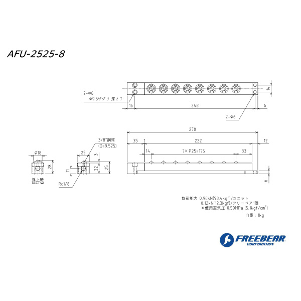 （株）フリーベアコーポレーション エアー浮上式フリーベアユニット角溝挿入型 AFU-2525 エアー浮上式フリーベアユニット角溝挿入型 AFU-2525-8