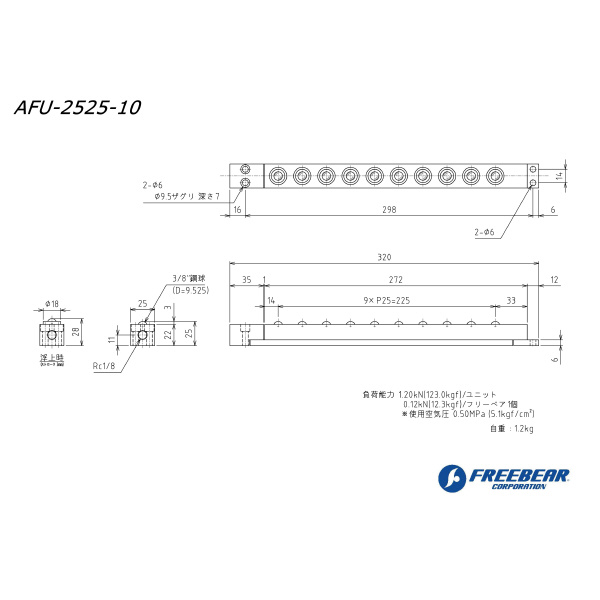 （株）フリーベアコーポレーション エアー浮上式フリーベアユニット角溝挿入型 AFU-2525 エアー浮上式フリーベアユニット角溝挿入型 AFU-2525-10